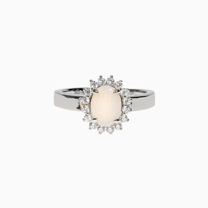 Sterling Silver Classic Solid White Opal Ring with Cubic Zirconia Halo
