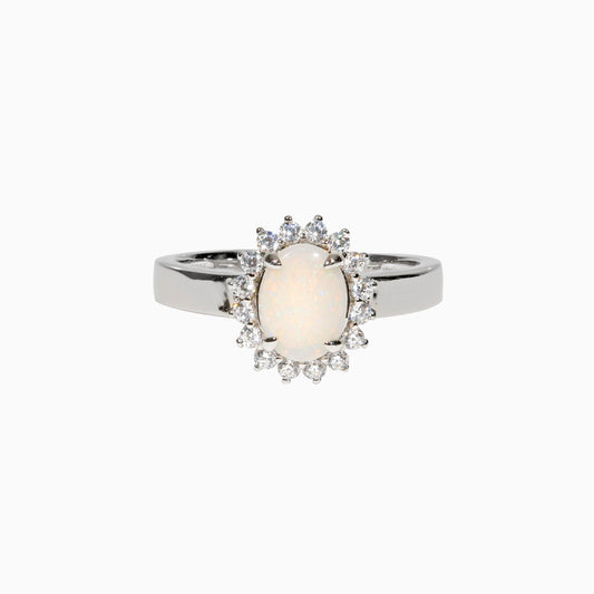 Sterling Silver Classic Solid White Opal Ring with Cubic Zirconia Halo